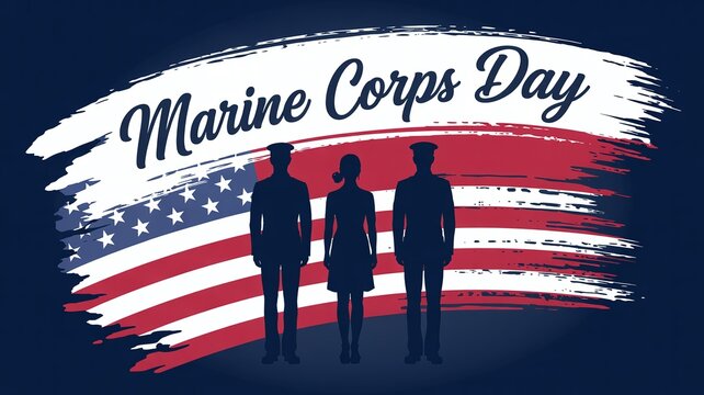 Marine Corps Day commemorative banner with silhouettes of military service members standing against a patriotic American flag brushstroke background for veteran and national holiday celebrations