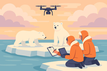 Fototapeta premium Researchers studying polar bears with drone on ice floes