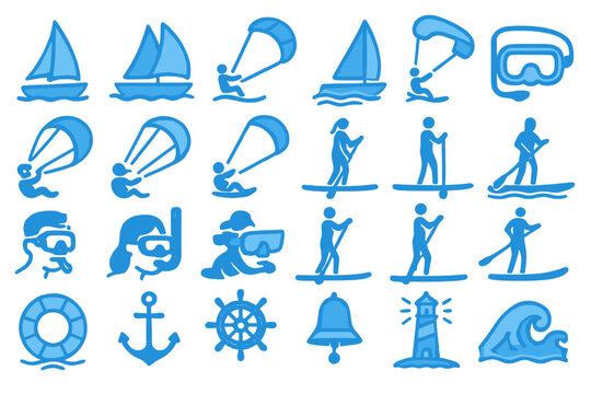 Set of glowing blue nautical and water sports icons