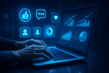 laptop computer with binary code Digital Marketing Analytics Dashboard with Social Media and Data Visualization Icons