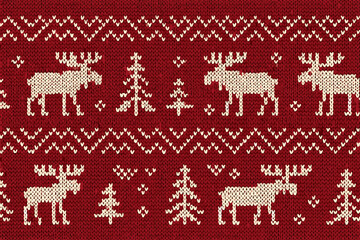 Knitted Christmas pattern with moose and trees on red background