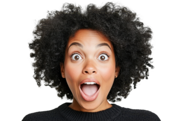 An Enthusiastic Expression Captured: A Young Woman's Joyful Reaction with Natural Afro Hair and Wide Eyes Surrounded isolated on transparent background