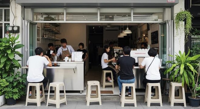 Cafe hangout with friends urban location lifestyle scene casual setting