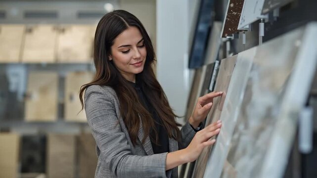 Elegant Woman Thoughtfully Choosing Ceramic Tiles in a Modern Showroom, Touching Samples for Home Renovation and Interior Design Project
