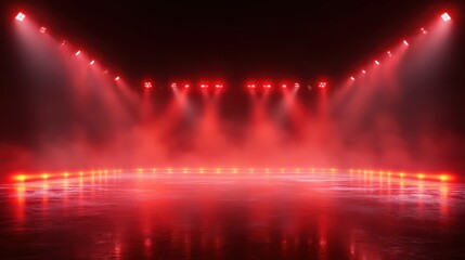 this is a red ice rink background with red neon lights and spotlights with smoke it can be used for hockey competitions and winter posters ice skating stadium stock created from a red background