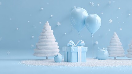 3d render of a cartoon minimalistic light blue color background with snowflakes a gift box and a balloon in the shape of a christmas tree