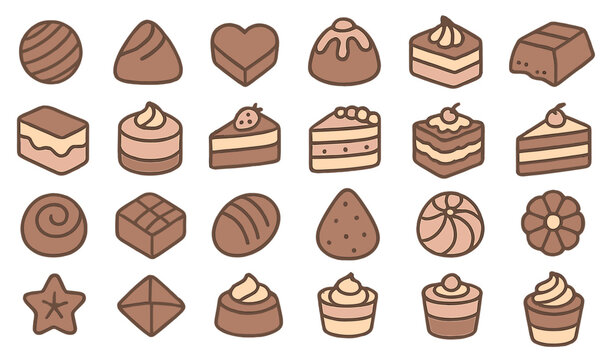 Cute chocolate and dessert icon set in soft brown tones