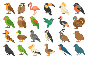 Obraz premium Colorful illustrated bird icon set featuring tropical and wild species