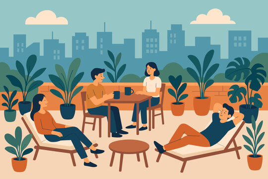 People relaxing and chatting on rooftop garden terrace