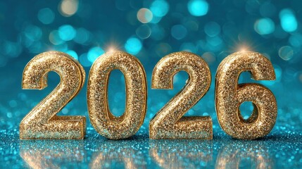 celebrate 2026 golden glitter numbers standing on blue turquoise shiny surface with bokeh lights in background closeup new years eve day silvester party photorealistic