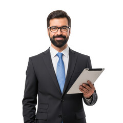 Professional businessman wearing a dark suit and blue tie holding a clipboard with a smile isolated on transparent background