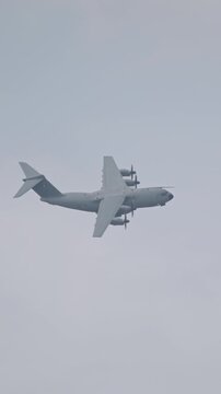 A400 M ATLAS military transport plane during flight with sharp turns