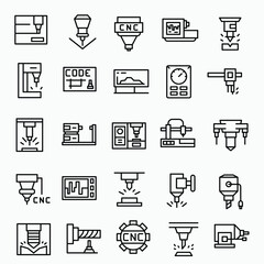 CNC machine icon set illustrating milling, cutting, and industrial automation. © M'A,ICONS