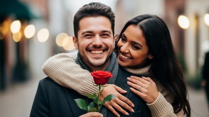 Happy couple embracing with a red rose on a city street - Powered by Adobe