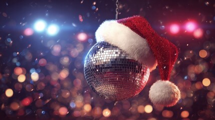 festive disco ball wearing a santa hat brings holiday cheer to an exciting christmas rave party