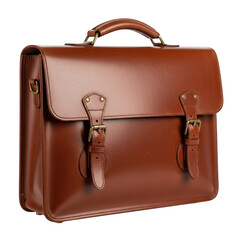 Classic rich brown leather briefcase with buckle closures and top handle for professional use isolated on transparent background