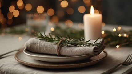 minimalist christmas table setting with burning candle rosemary plates napkin and christmas lights copy space