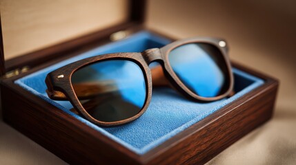 sunglasses in a dark wood gift box with blue velvet on beige background