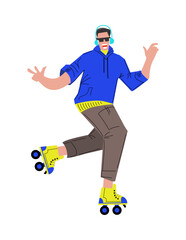 Happy young man roller skating in colorful outfit and headphones on white background. vector, flat icon