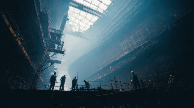 Industrial Echoes: Silhouette workers in a colossal structure, evoking themes of industry and infrastructure and highlighting human endeavor against an enormous industrial setting.