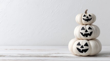 three white pumpkins with black jackolantern faces stacked on a white wood surface against a white background showcasing a halloween theme with ample free space for text