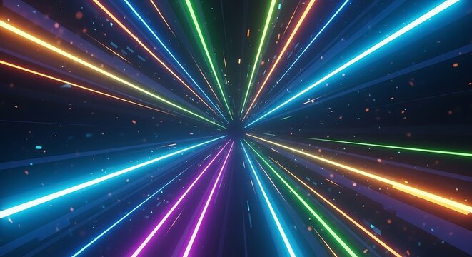 Abstract colorful light trails zoom into the center of the frame background generative ai