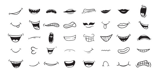 Naklejka na ściany i meble Cartoon mouth happy, smile, sad, angry expression doodle set. Hand drawn mouth, tongue caricature icon. Funny comic mouth collection 
