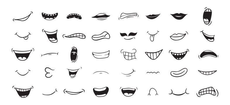 Cartoon mouth happy, smile, sad, angry expression doodle set. Hand drawn mouth, tongue caricature icon. Funny comic mouth collection 