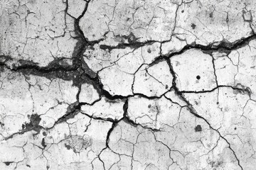 Fototapeta premium Cracked concrete texture showcasing intricate patterns and contrasts in black and white, emphasizing aged surfaces with unique lines and wear for urban and architectural design projects
