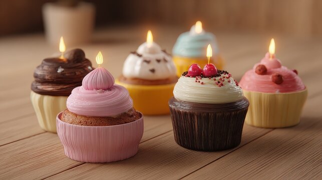 cupcakes with candles and decorations on wood surface
