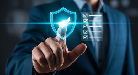 Cybersecurity Assurance: A person in a suit is actively engaged in a technological scene, his finger poised to engage with a digital security shield, symbolizing robust protection and data safety.