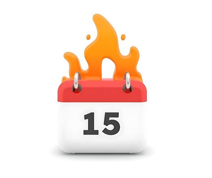 Burning calendar page with the date fifteen signaling urgency and deadlines