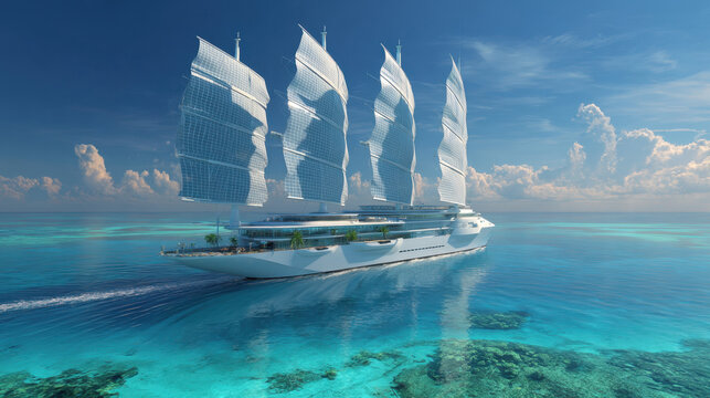 Sailing Yacht on Turquoise Waters: A luxurious sailing yacht glides gracefully across a crystal-clear turquoise ocean under a bright, cloudless sky, embodying the essence of adventure and luxury.