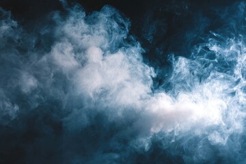 Dreamy smoke clouds floating on dark backdrop, featuring soft white and blue hues for a light, ethereal vibe. Varied forms create dynamic mystery and a cozy, enchanting atmosphere