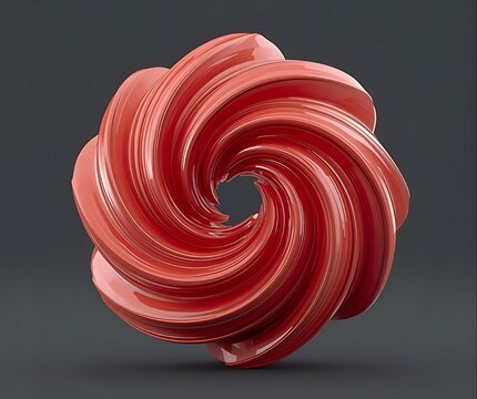 A vibrant red swirling looped sculpture with a central opening