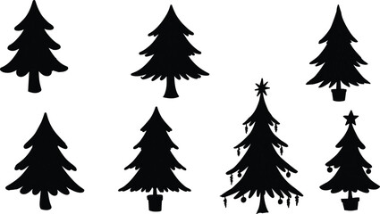 Christmas tree silhouettes, holiday decoration design, festive evergreen illustration, winter celebration art, seasonal background pattern, rustic holiday symbol, decorated pine collection