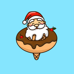 Cute Santa Claus Ice Cream Sitting in the Middle of a Melting Chocolate Donut with Cherry Vector Illustration