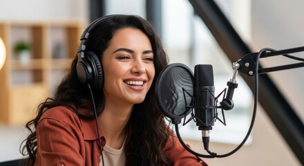 Voice of Content Creation: A portrait of a woman content creator immersed in the world of audio, recording a podcast with passion and clarity.