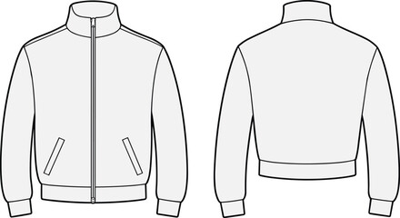 Fashion technical jacket flat sketch, zip up design, long sleeve apparel template, high collar sweatshirt outline, vector garment drawing © what's a beautiful