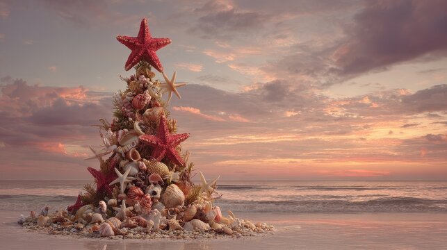 seashells and starfish adorn a whimsical christmas tree on a tropical beach at sunset a vibrant red starfish tops the festive coastal display against the serene ocean backdrop