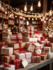 Obraz premium decorated merry christmas table with gifts boxes in warehouse interior background many presents wrapped with red ribbons and letters on desk in storage xmas postal shipping delivery concept no logos 