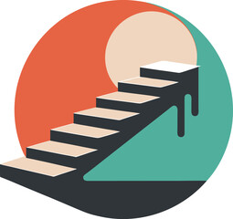 Illustration of stairs leading to a bright opening in a circle, symbolizing progress, growth, and the pursuit of goals, rendered in a modern, minimalist style with a retro color palette