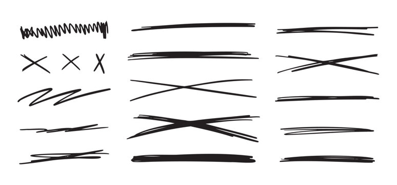 Scribble doodle underlines set. Underline and cross markers collection. Doodle lines isolated on white background.