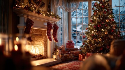Fototapeta premium background blurred cozy christmasthemed living room decorated with red and gold ornaments classic fireplace with hanging stockings snowy view through the window evening warm ambient lighting