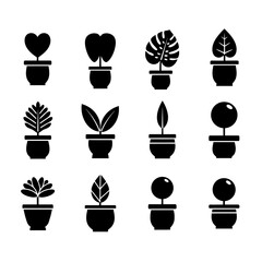 Collection of twelve stylized potted plant icons in silhouette isolated on white background