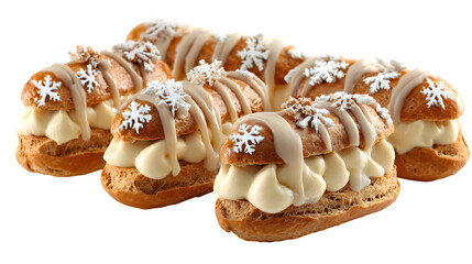 Mini Christmas ?clairs filled with eggnog cream and topped with nutmeg glaze, choux pastry holiday twist, isolated on white background