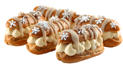 Mini Christmas ?clairs filled with eggnog cream and topped with nutmeg glaze, choux pastry holiday twist, isolated on white background