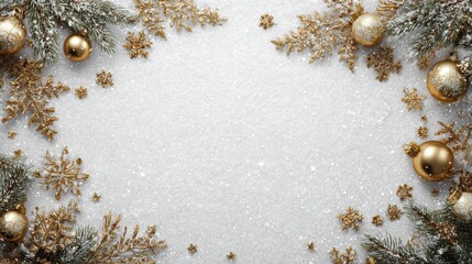 festive christmas holiday frame with white paper snow golden ornaments snowflakes and pine branches creating a winter wonderland scene for celebration