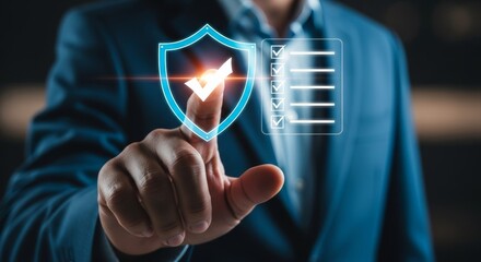 Secure Data at Your Fingertips: A close-up shot of a professional's hand interacting with a holographic interface, symbolized by a digital shield and checklist.