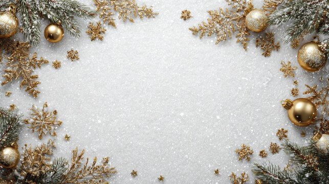 festive christmas holiday frame with white paper snow golden ornaments snowflakes and pine branches creating a winter wonderland scene for celebration